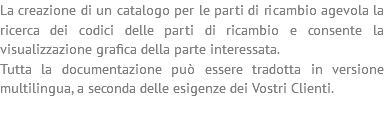 La creazione di un catalogo per le parti di ricambio agevola la ricerca dei codici delle parti di ricambio e consente la visualizzazione grafica della parte interessata. Tutta la documentazione può essere tradotta in versione multilingua, a seconda delle esigenze dei Vostri Clienti. 