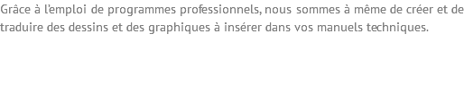 Grâce à l’emploi de programmes professionnels, nous sommes à même de créer et de traduire des dessins et des graphiques à insérer dans vos manuels techniques. 